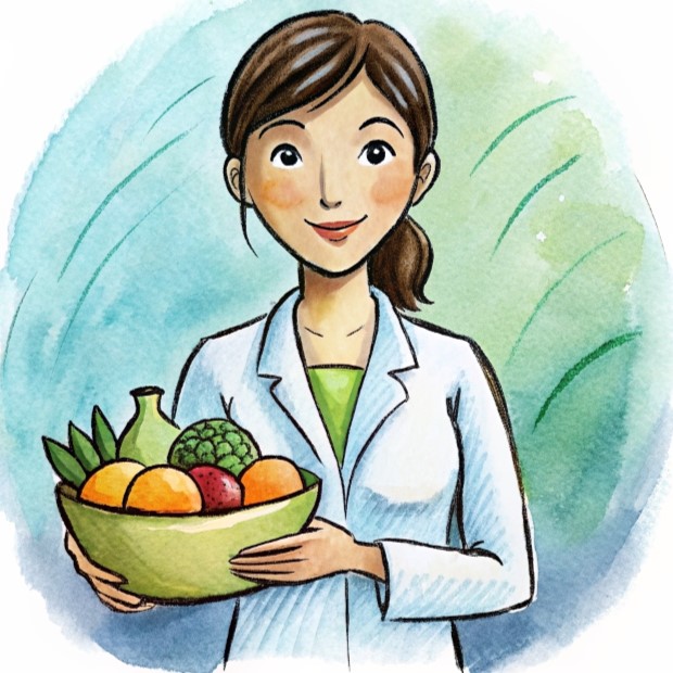 ilustración de una nutrióloga sosteniendo un tazón de frutas
