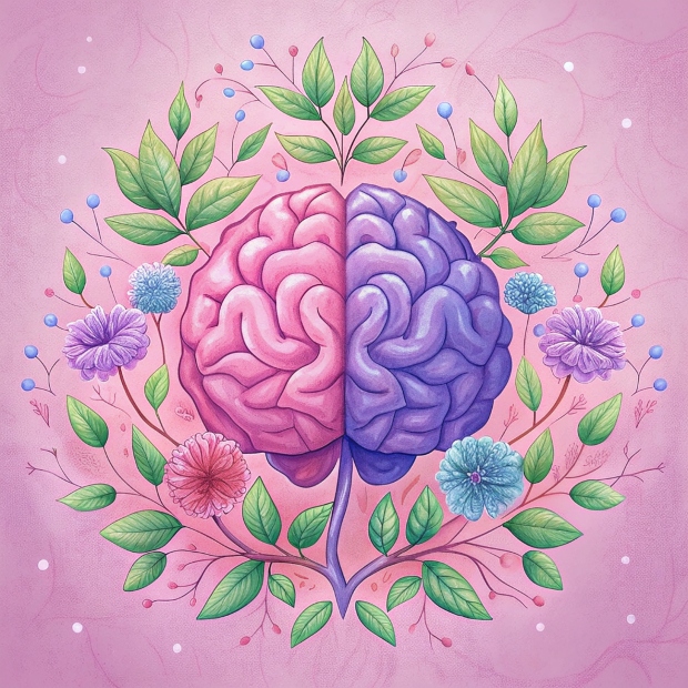 ilustración de un cerebro rodeado de flores