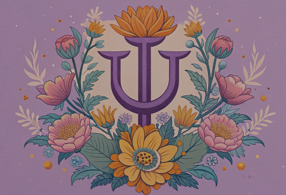 Simbolo Psi rodeado de flores con fondo morado